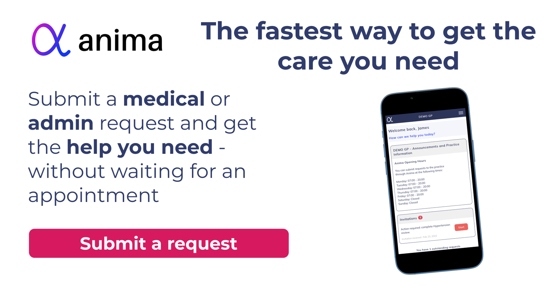 Anima. Submit a medical or admin request online and get the help you need without waiting for an appointment